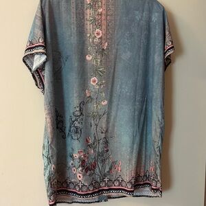 Blue and Pink Short Sleeve Blouse with Floral Embellishments